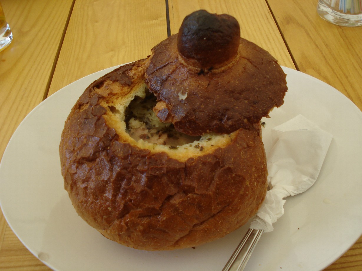 Soup in a bread bowl is typical for Torun.