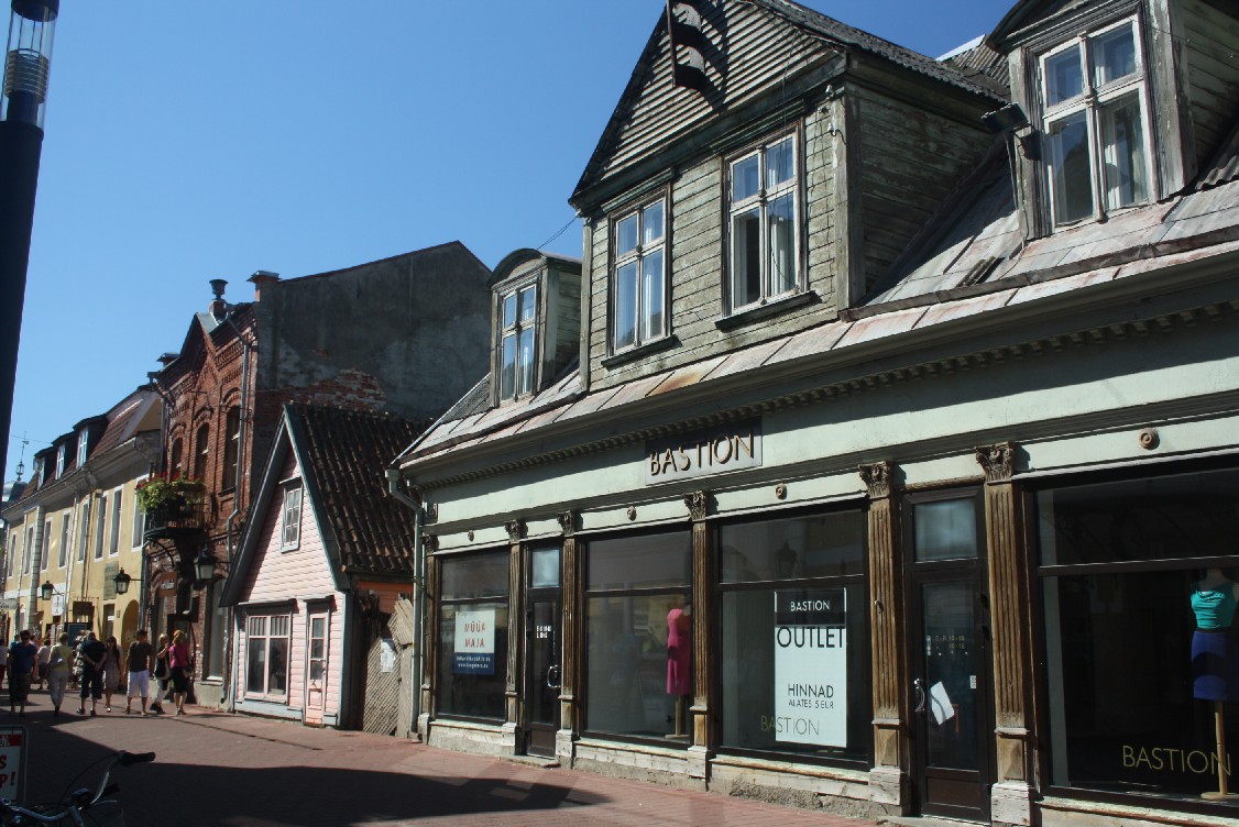 Many different styles of buildings in the town centre. 