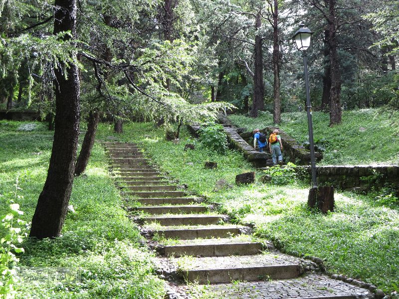 Der Aufstieg mit den Treppen führt über einen uralten Friedhof im Grünen. 