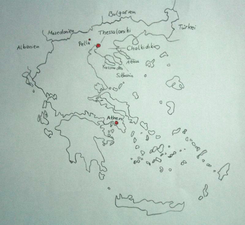 Zur groben Orientierung habe ich euch eben schnell eine Griechenland-Karte gezeichnet. Ich bin fast ein bisschen stolz auf mich. :) 