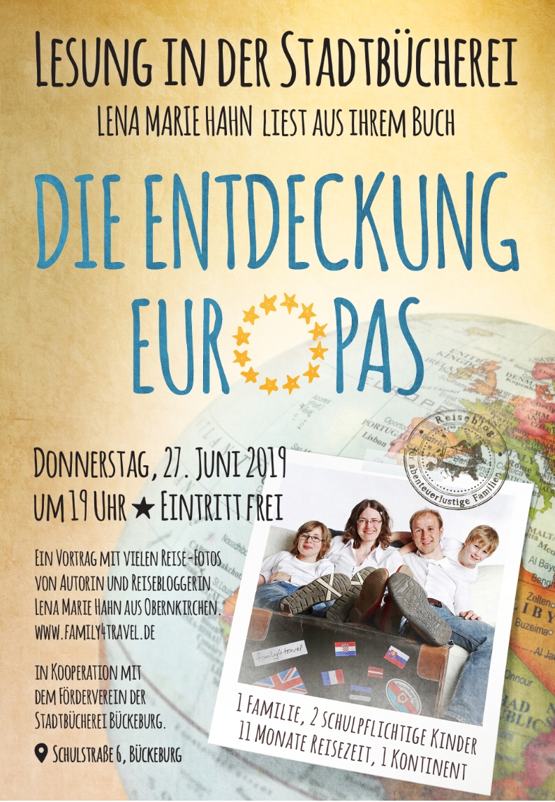 Plakat Lesung "Die Entdeckung Europas", Lena Marie Hahn, Bückeburg