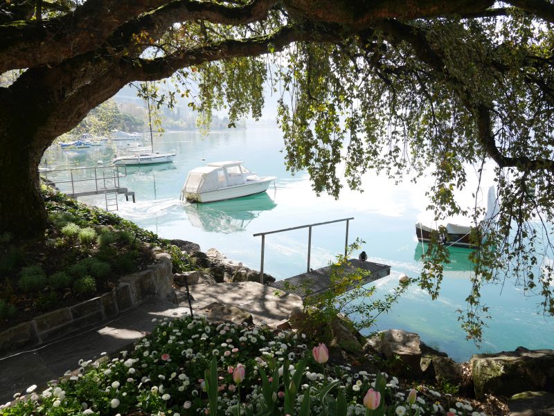 Montreux Uferpromenade am Genfer See mit Blumen und Booten