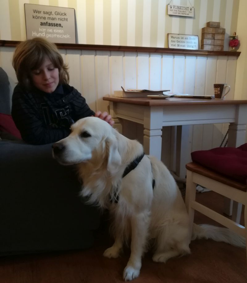 Hund in Lembergs Konditorei Fulda mit Kindern